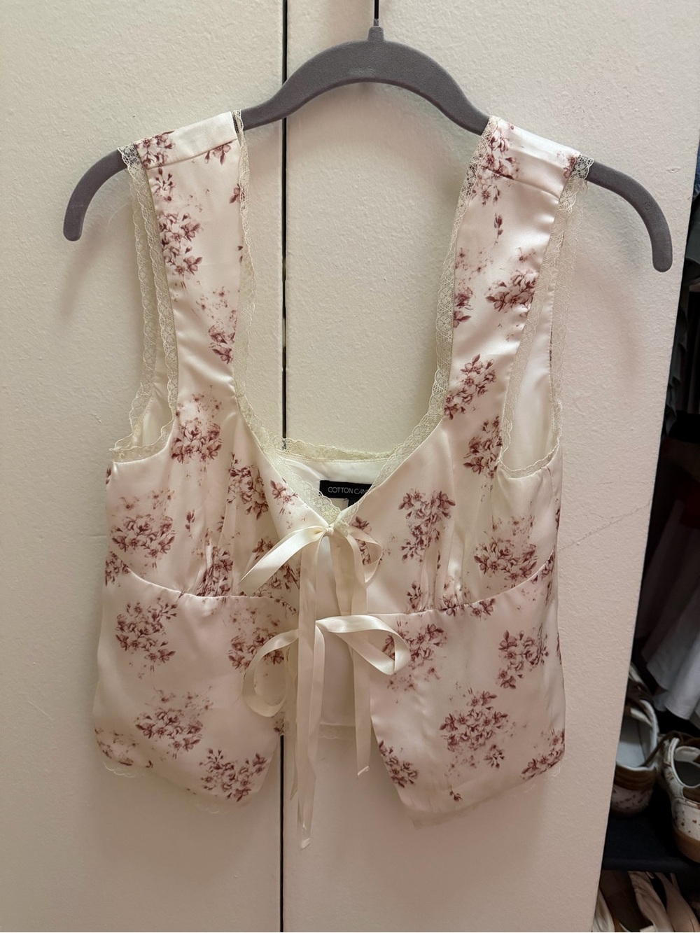 Cotton Candy Floral Satin Tie-Front Cami in Cream and Blush